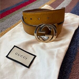 Gucci Mustard Monogram Leather Belt with Silver GG Buckle